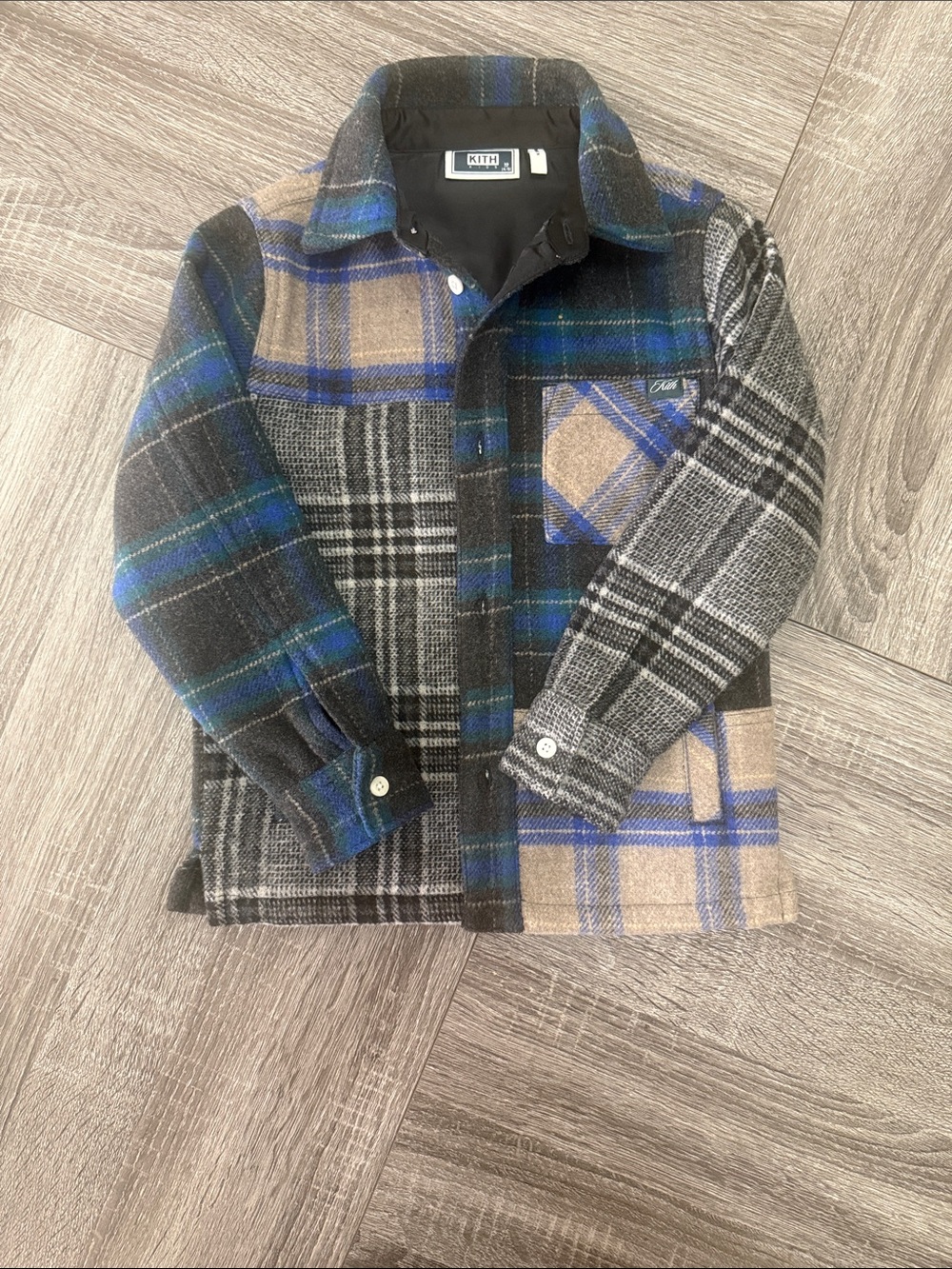Kith Mixed Plaid Wool Shacket in Blue, Black & Tan